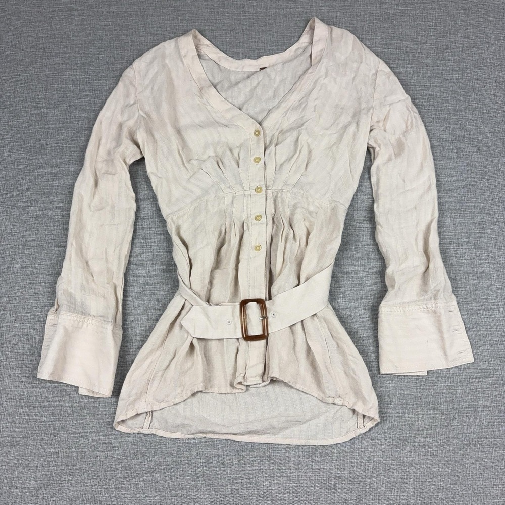 Free People Tunic Blouse Womens M White V-Neck Long‎ Sleeve Belted Herringbone